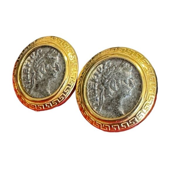 Vintage Premier Designs Gold Toned Roman Coin Clip Ons - Picture 2 of 13